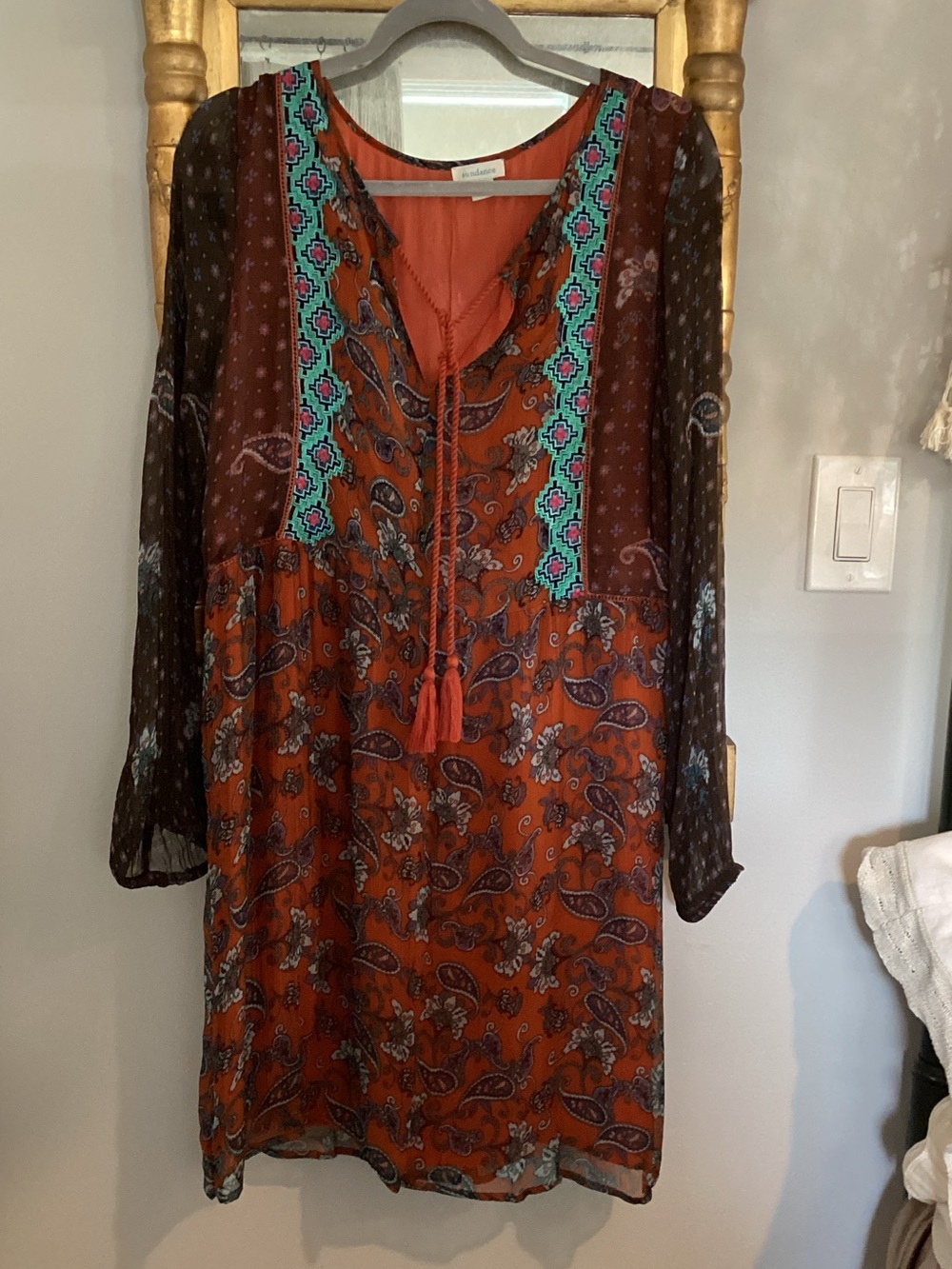 Sundance Rust Paisley Tunic Dress with Turquoise Embroidered Yoke
